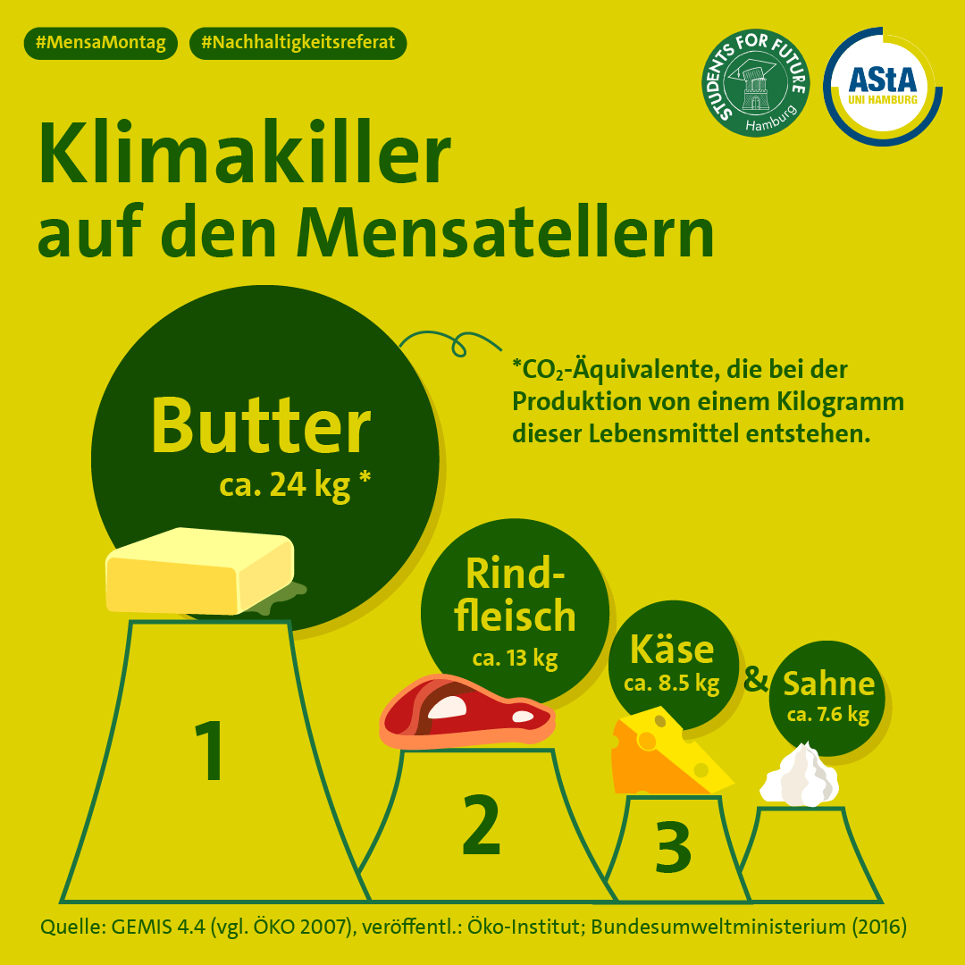 Die klimaschädlichen Lebensmittel Butter, Rindfleisch, Käse und Sahne sind mit grünen Emissionswolken auf gelbem Hintergrund dargestellt.