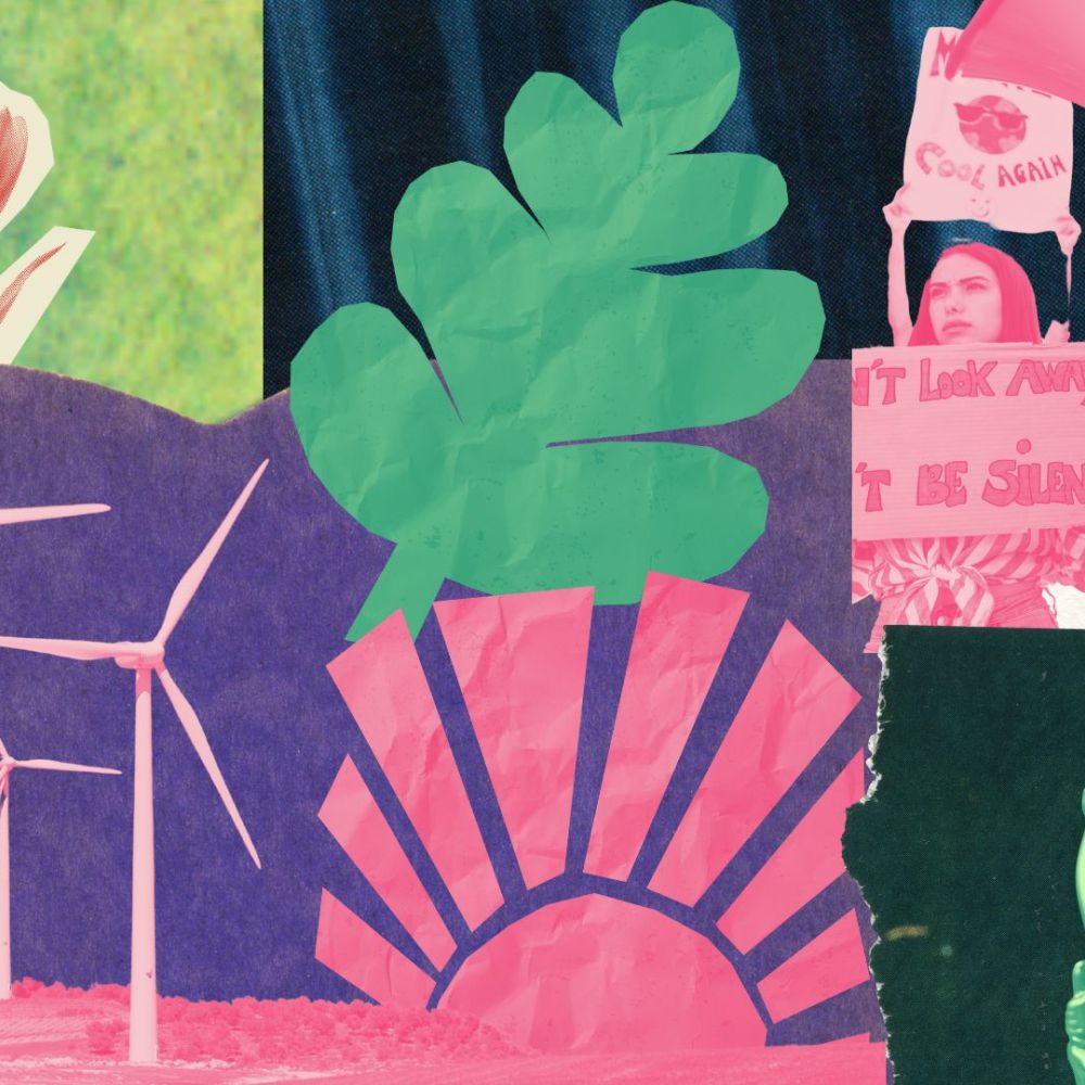 Collage mit Windrädern, einer aufgehenden Sonne, einer Tulpe und grünen Blättern im Hintergrund. Rechts Protestierende mit Schildern und Megafon, unten eine grüne Statue der Justitia. Der Hintergrund kombiniert verschiedene Texturen und Farben, die Natur und Aktivismus symbolisieren.