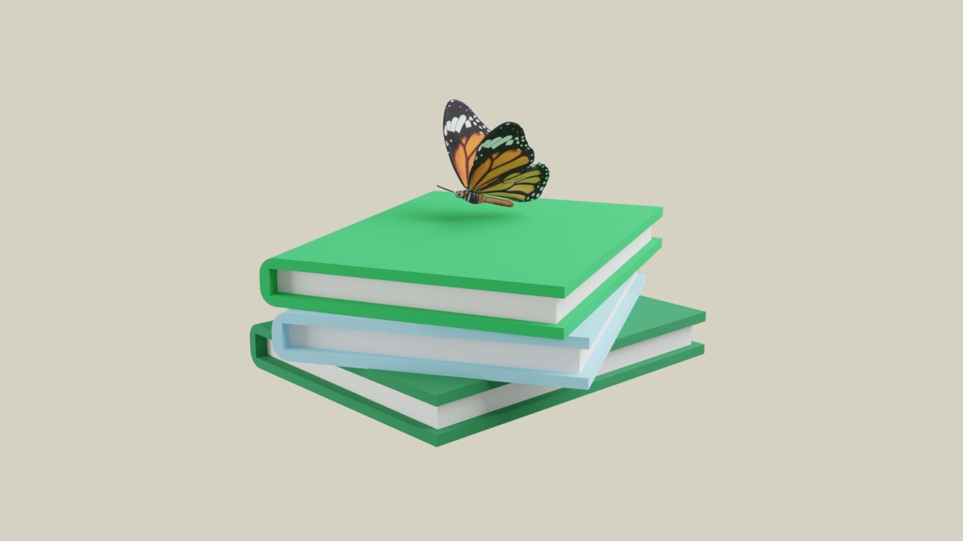 3D-Icon: Ein Schmetterling sitzt auf einem Stapel Bücher.