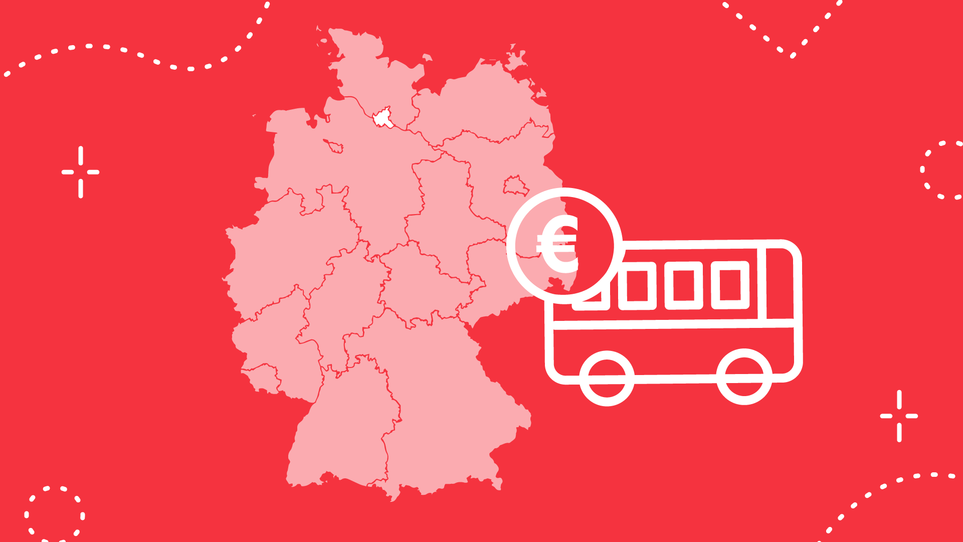 Die rote Fläche zeigt eine Karte von Deutschland.  Auf der Karte ist Hamburg besonders hell markiert. Neben der Karte ist ein Bus mit Münzen ist ein Hinweis auf Detuschland Ticket.