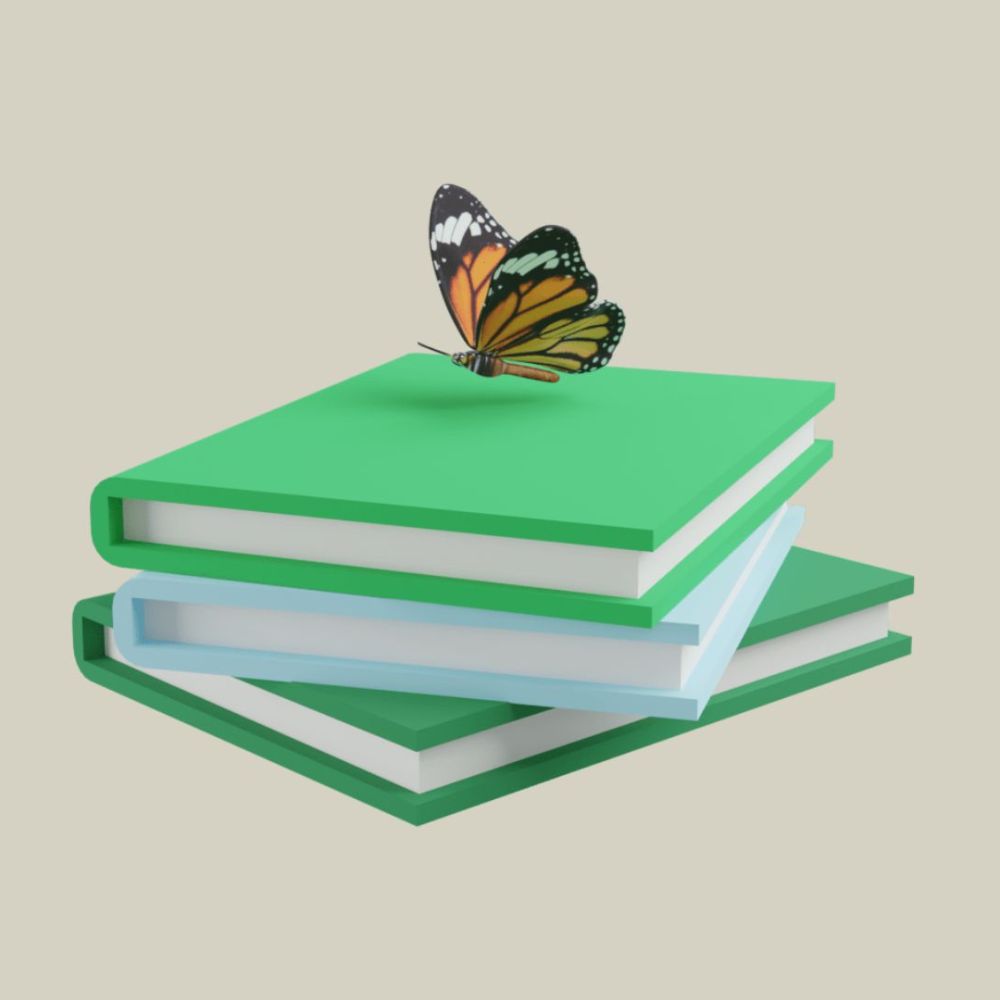 3D-Icon: Ein Schmetterling sitzt auf einem Stapel Bücher.